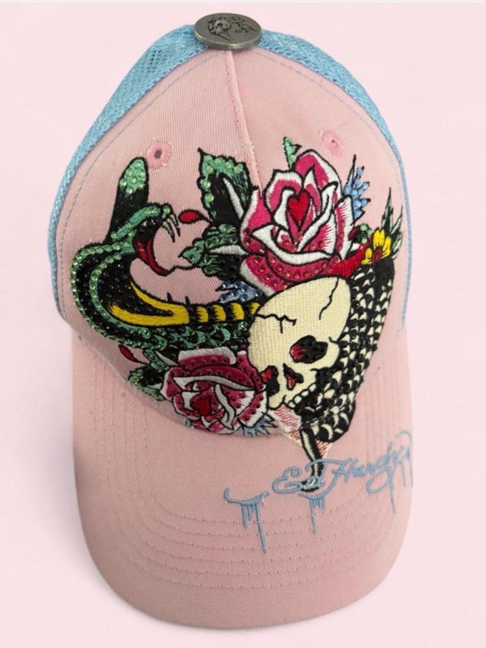 Ed Hardy Pink & Light Blue Skull, Snake & Rose Embroidered Trucker Hat
